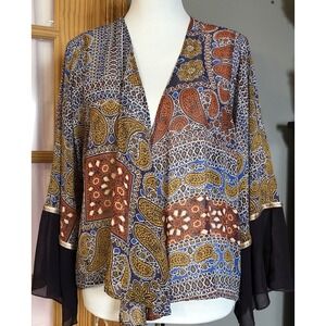 One World Open Front Kimono Top Women's M Paisley Brown Tan Fairy Boho Lagenlook